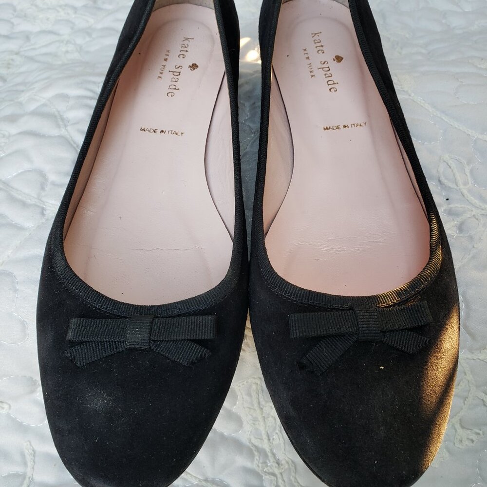 EUC KATE SPADE midnight black suede flats with jeweled gold heels (7.5)